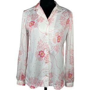 Vintage 70s Devon Pink Floral Button Front Blouse Long Sleeve Women’s S/M